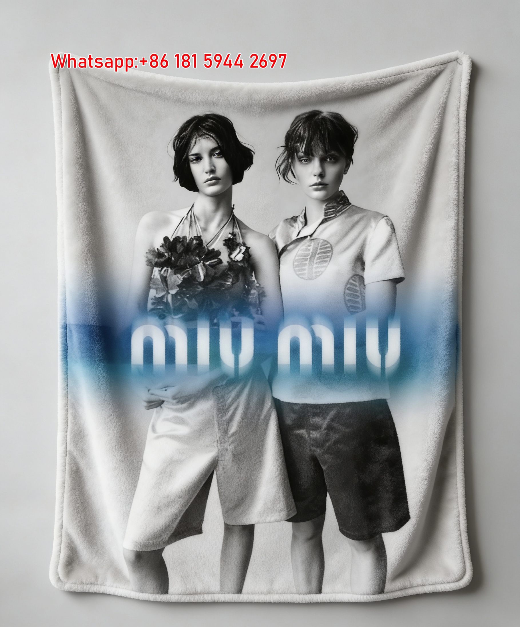 Miu Miu Black & White With Blue Gradient Logo Printed Flannel Sofa Throw Blanket IMG_0476